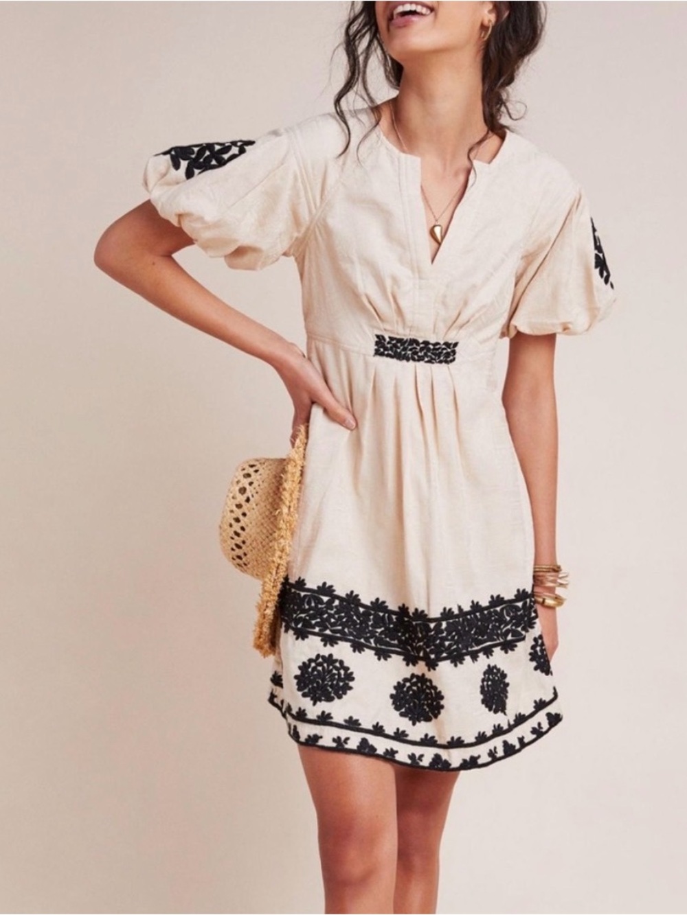 Anthropologie Orla Dress Embroidered Cream w/ Black Floral Embroidery NWT Sz8